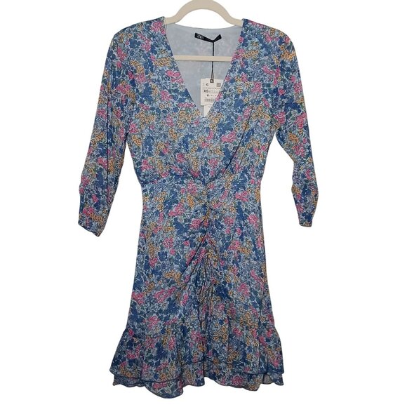 NEW Zara Ruched‎ Floral V-Neck Mini Dress Blue Multi 3/4 Sheer Sleeves Size XS - Picture 2 of 10